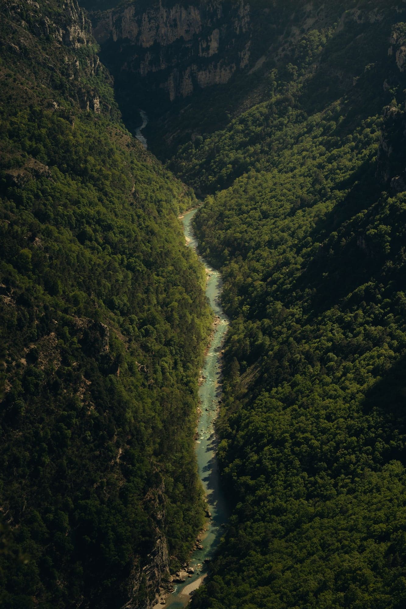 A river winding through a wooded gorge
